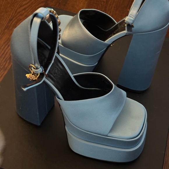 Used Once Versace Blue Medusa Aevitas Platform Heeled Sandals Size 37 - Picture 8 of 16